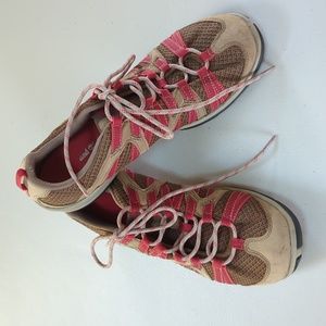 Timberland, walking shoes orangey red and tan color. Size 9.5